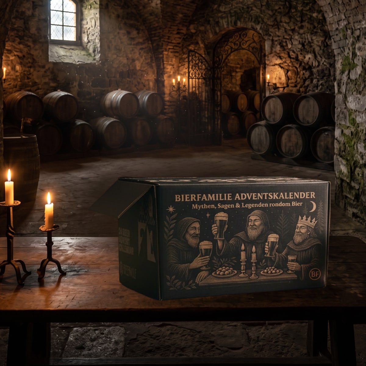 Bierfamilie speciaalbier adventskalender 2026 op een keldertafel bij kaarslicht